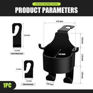 1 PC Car Seat Headrest Water Cup Holder, Three-in-one Multifunctional Mobile Phone Holder Hanging Storage Rack, Headrest Hook for Backpacks Umbrellas, Universal for Cars Trucks (Black) - Image 2