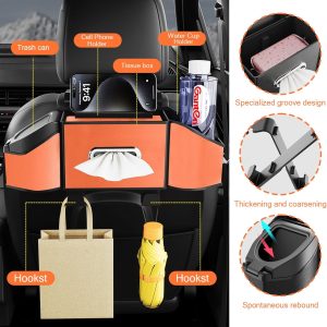 Multifunctional Car Seat Back Organizer with 2 Cup Holders, Spacious Storage for Tissues, Keys, Umbrellas, Bags & Glasses, Built in Waste Bin, Universal Hanging Storage Box for Cars, SUVs (Orange) - Image 2