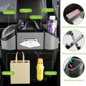 Multifunctional Car Seat Back Organizer with 2 Cup Holders, Spacious Storage for Tissues, Keys, Umbrellas, Bags & Glasses, Built in Waste Bin, Universal Hanging Storage Box for Cars, SUVs (Gray) - Image 2